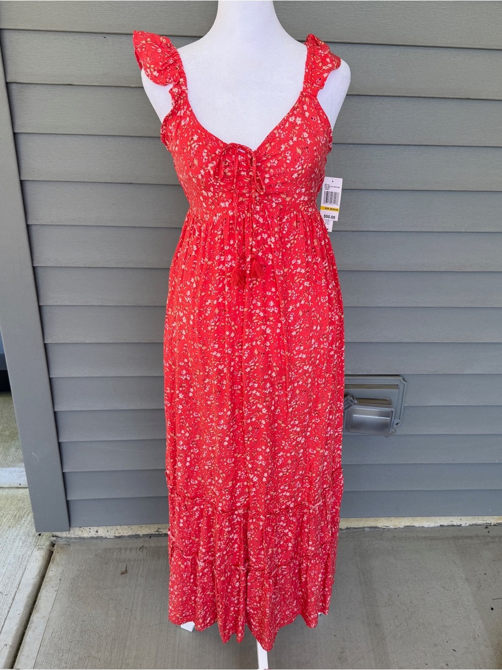 NWT Floral Maxi Dress Medium Ruffle Sleeveless V Neck Tie A Line Empire Waist